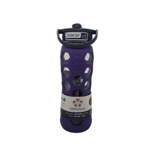 Lifefactory 22oz Glass Water Bottle Royal Purple Hex Silicone Sleeve Straw Cap
